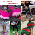 Designer Custom Logo Ball Bearing Multi Color Women Racoon Pink Rex Rabbit Rainbow Pom Pom Fox Fur Ball Slide Slipper